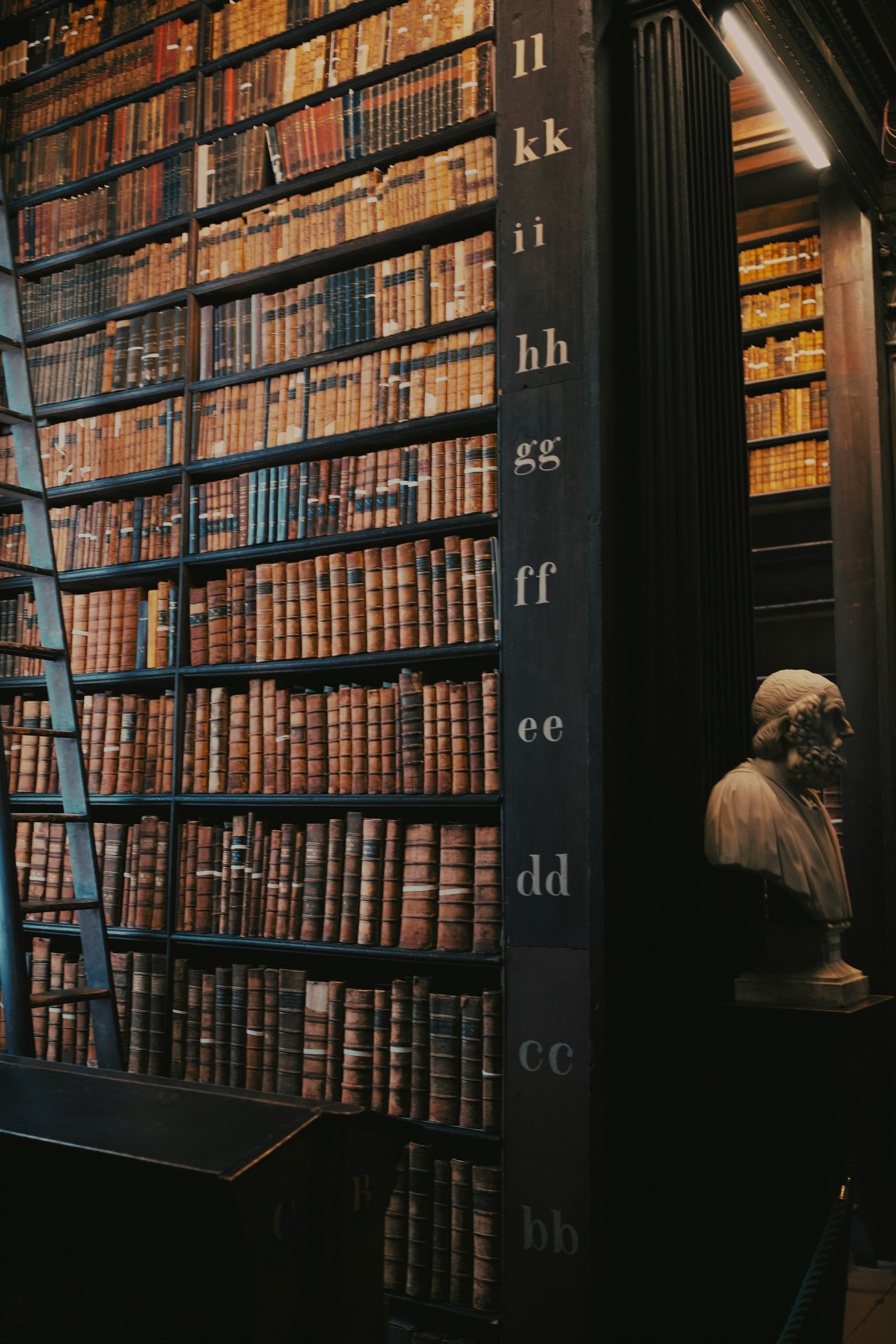 Bound volumes rising to the ceiling of a historic law library, a marble bust beside them